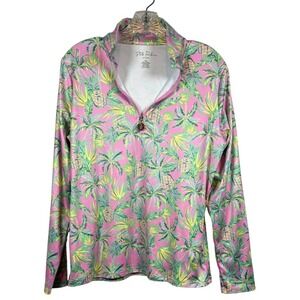 STELLA PARKER Sport, Pink Pine Green Palm Sleeve Mock Golf Shirt, Size M